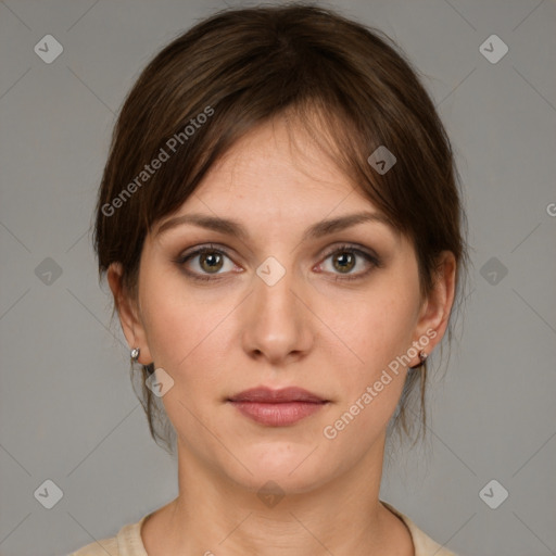 Neutral white young-adult female with medium  brown hair and brown eyes