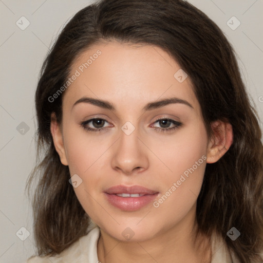 Neutral white young-adult female with medium  brown hair and brown eyes