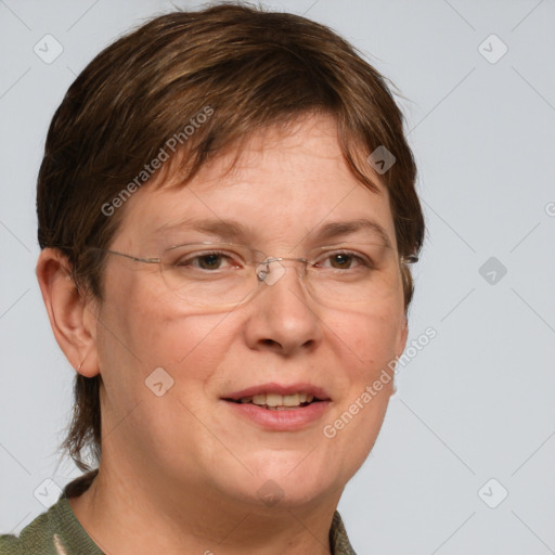 Joyful white adult female with short  brown hair and grey eyes