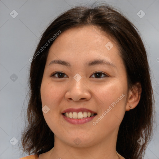 Joyful white young-adult female with medium  brown hair and brown eyes