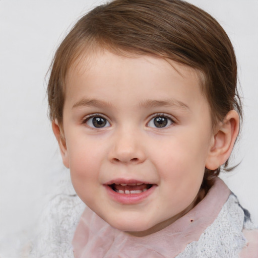 Joyful white child female with medium  brown hair and blue eyes