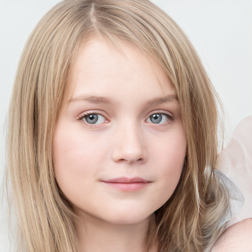 Neutral white child female with long  brown hair and blue eyes