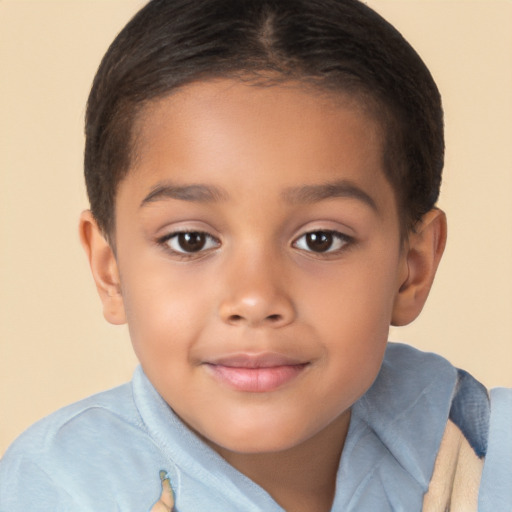 Joyful latino child female with short  brown hair and brown eyes