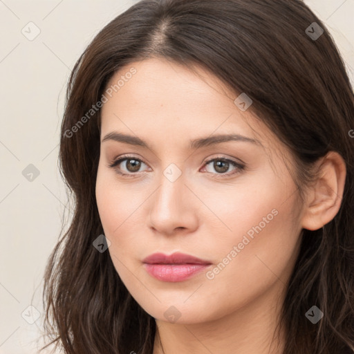 Neutral white young-adult female with long  brown hair and brown eyes