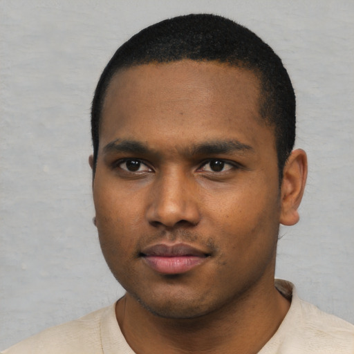 Neutral black young-adult male with short  black hair and brown eyes