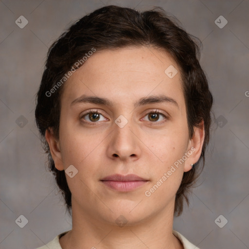 Neutral white young-adult female with medium  brown hair and brown eyes