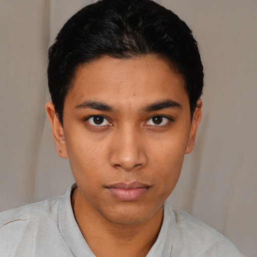 Neutral latino young-adult female with short  black hair and brown eyes