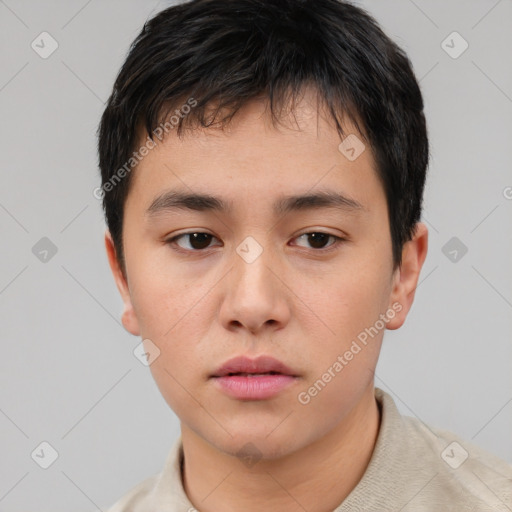 Neutral asian young-adult male with short  brown hair and brown eyes