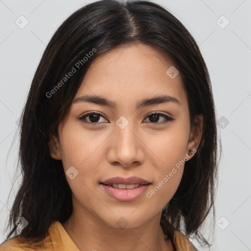 Joyful asian young-adult female with medium  brown hair and brown eyes