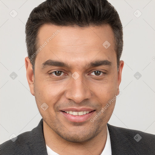 Joyful white young-adult male with short  brown hair and brown eyes