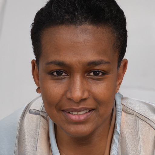 Joyful black young-adult female with short  brown hair and brown eyes