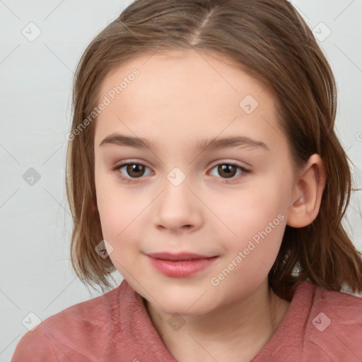 Joyful white child female with medium  brown hair and brown eyes