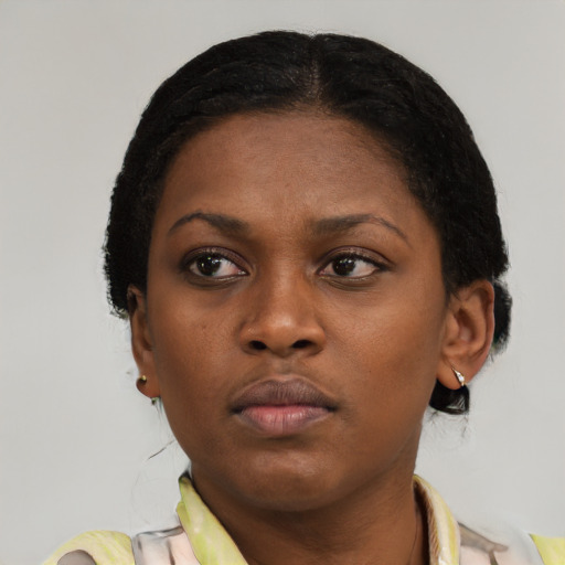 Neutral black young-adult female with medium  black hair and brown eyes