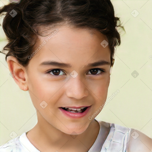 Joyful white child female with short  brown hair and brown eyes