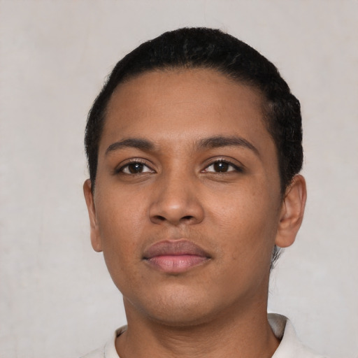 Neutral latino young-adult female with short  black hair and brown eyes