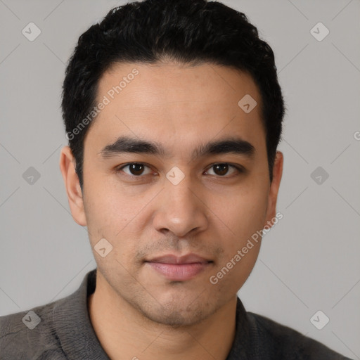 Neutral latino young-adult male with short  black hair and brown eyes