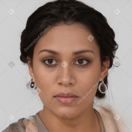 Neutral latino young-adult female with long  brown hair and brown eyes