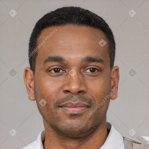 Neutral latino young-adult male with short  black hair and brown eyes