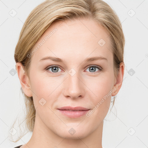 Joyful white young-adult female with medium  brown hair and blue eyes