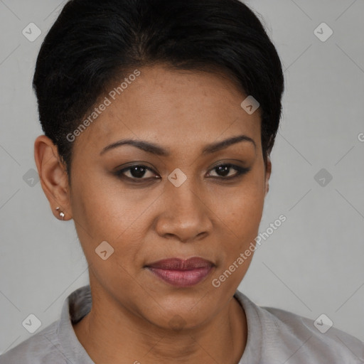 Joyful latino young-adult female with short  black hair and brown eyes