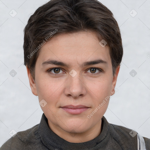 Joyful white young-adult female with short  brown hair and brown eyes