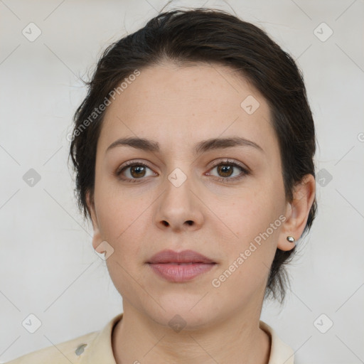 Neutral white young-adult female with medium  brown hair and brown eyes