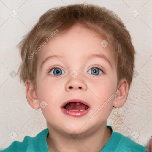 Joyful white child female with short  brown hair and blue eyes