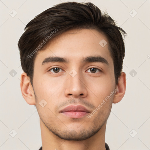 Neutral white young-adult male with short  brown hair and brown eyes