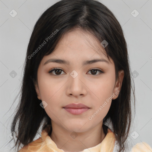 Neutral asian young-adult female with medium  brown hair and brown eyes