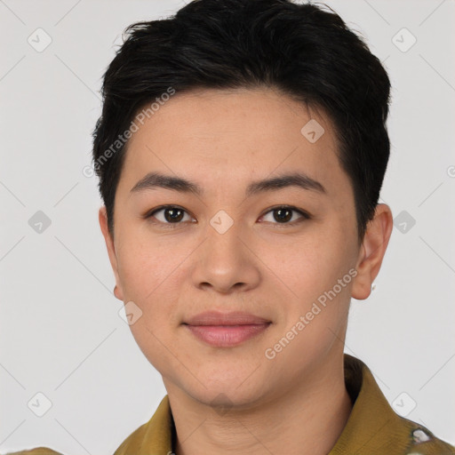 Joyful white young-adult female with short  black hair and brown eyes