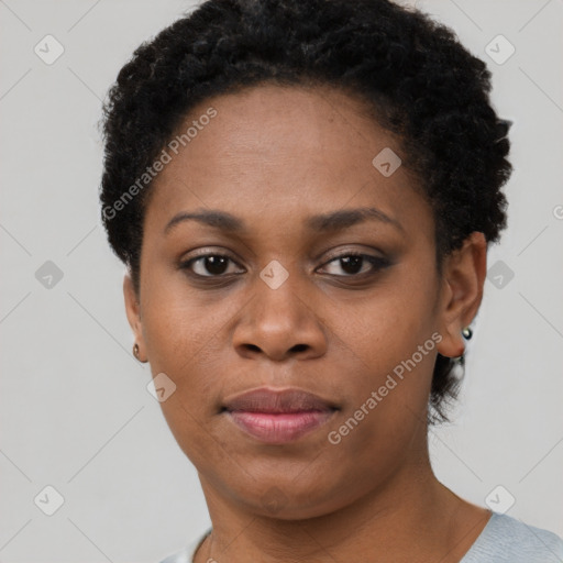 Neutral black young-adult female with short  brown hair and brown eyes