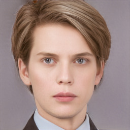 Neutral white young-adult female with short  brown hair and grey eyes