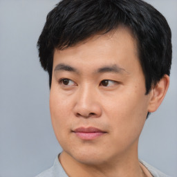 Neutral asian young-adult male with short  black hair and brown eyes