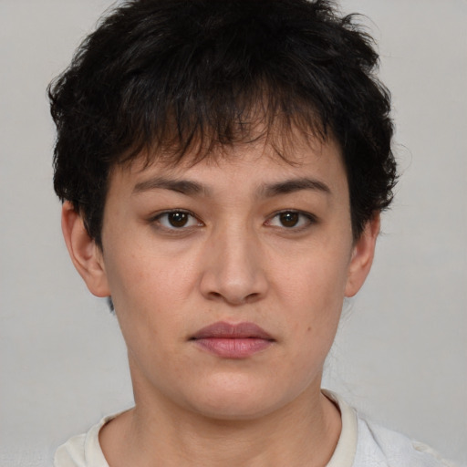 Neutral asian young-adult female with short  brown hair and brown eyes