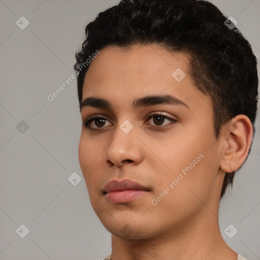 Neutral white young-adult male with short  black hair and brown eyes