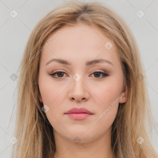 Neutral white young-adult female with long  brown hair and brown eyes