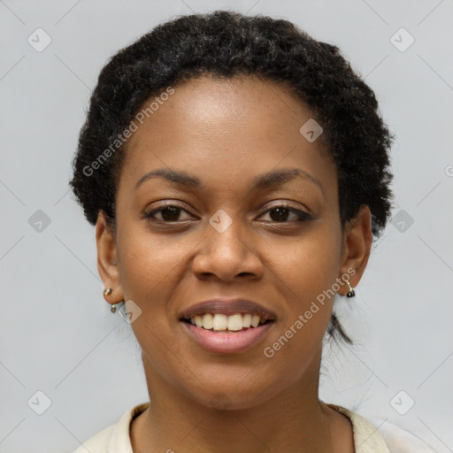 Joyful latino young-adult female with short  black hair and brown eyes