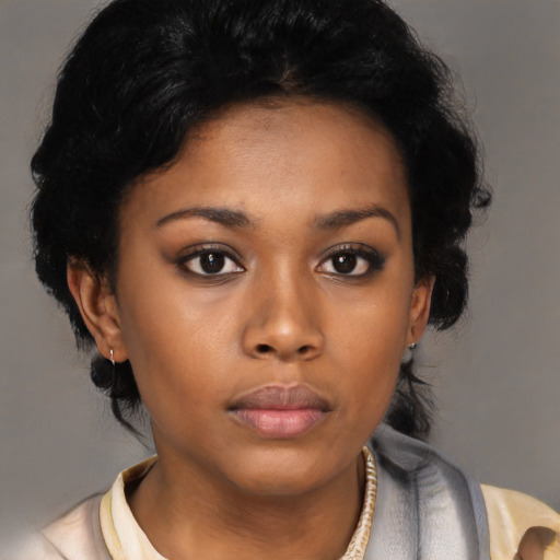 Neutral latino young-adult female with medium  black hair and brown eyes
