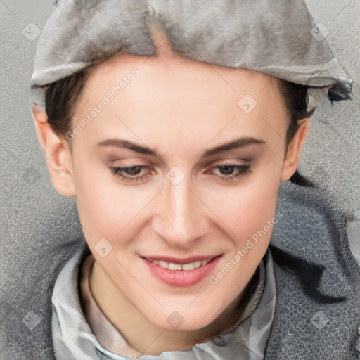 Joyful white young-adult female with short  brown hair and blue eyes