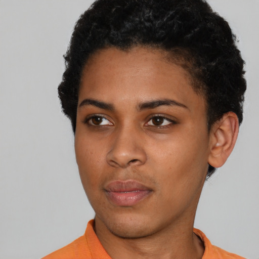 Neutral black young-adult female with short  black hair and brown eyes