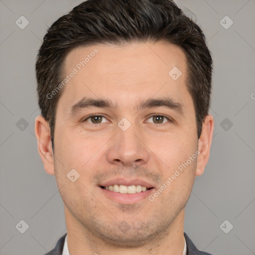 Joyful white young-adult male with short  brown hair and brown eyes