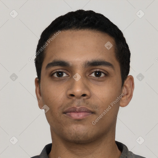 Neutral latino young-adult male with short  black hair and brown eyes