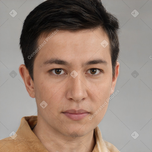 Neutral white young-adult male with short  brown hair and brown eyes