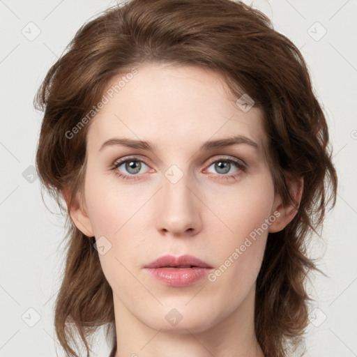 Neutral white young-adult female with medium  brown hair and grey eyes