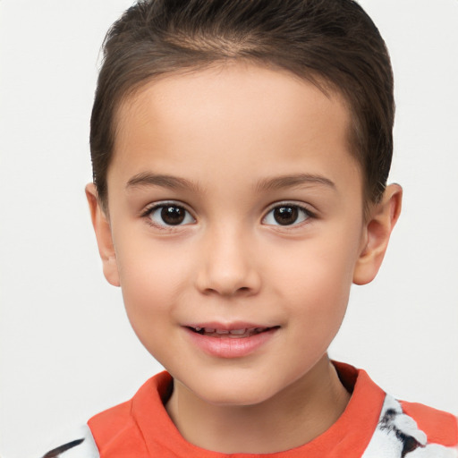 Joyful white child female with short  brown hair and brown eyes