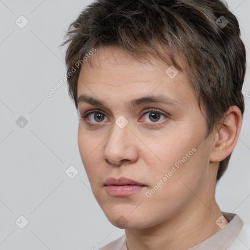 Neutral white young-adult male with short  brown hair and brown eyes