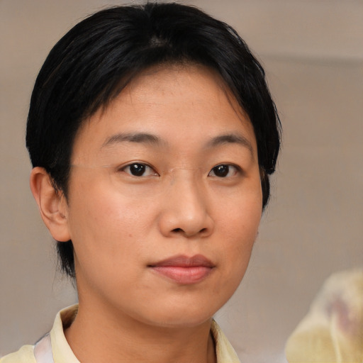 Neutral asian young-adult female with medium  brown hair and brown eyes