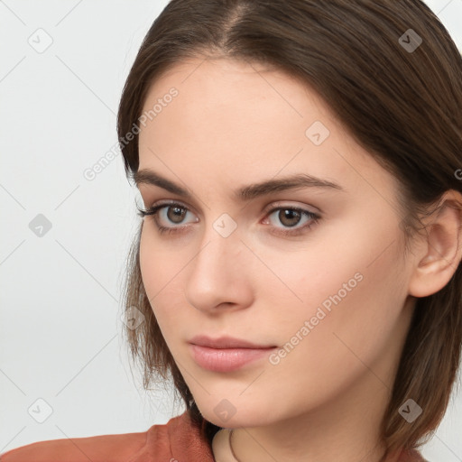 Neutral white young-adult female with medium  brown hair and brown eyes