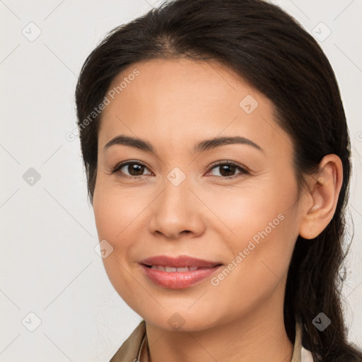 Joyful white young-adult female with long  brown hair and brown eyes