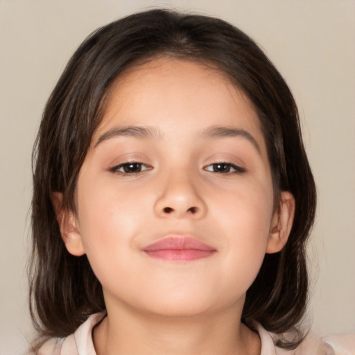 Joyful white child female with medium  brown hair and brown eyes